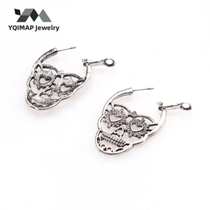 Close-up of vintage silver skull earrings with heart eyes and hollow gothic details