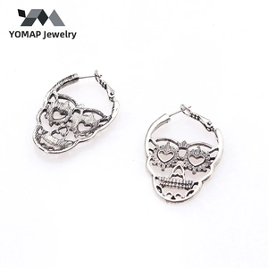 Detailed view of skull earrings with heart-shaped eyes and gothic silver texture