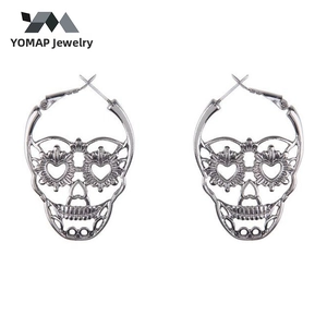 Macro detail of gothic skull hoop earrings with heart-shaped eyes and silver finish