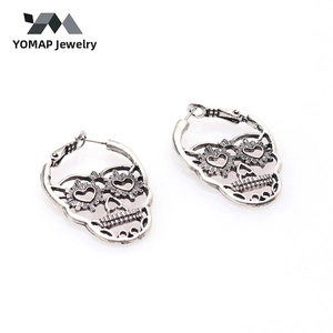 Macro detail of retro skull earrings featuring hollow heart-shaped eyes in silver finish