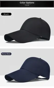 Vertical display of black and navy long brim cotton canvas baseball caps for sun protection