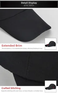 Detail display of black canvas baseball cap showing 11cm long brim and fine stitching