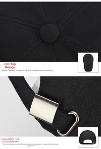 Detail of black cotton baseball cap with reinforced crown and adjustable metal buckle