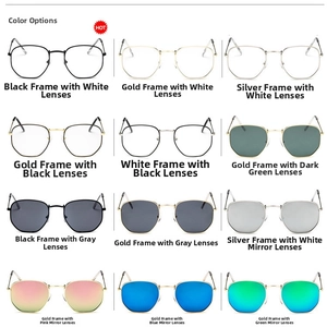 Collage of square metal sunglasses in multiple frame colors and vibrant mirrored lenses