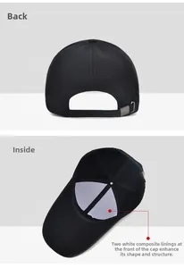 Detail view of black baseball cap showing the adjustable metal buckle and inner lining