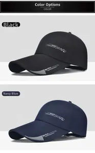 Vertical view of black and navy baseball caps with sport fashion embroidery and gray trim