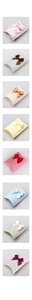 Assorted pillow gift boxes with satin ribbon bows in floral, polka dot and striped patterns