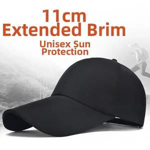 Detail of black canvas baseball cap featuring an extended 11cm brim for sun protection