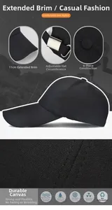 Detail of 11cm extended brim on a 6-panel durable canvas baseball cap for sun protection