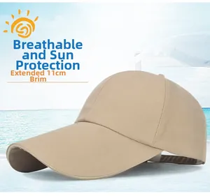 Detail view of khaki cotton baseball cap featuring an extended 11cm brim for sun protection