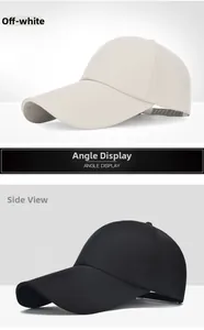 Close-up of cotton twill baseball caps in beige and black with adjustable straps