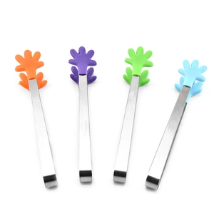 Mini stainless steel food tongs with palm-shaped silicone tips in multiple colors