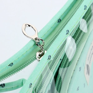 Three-piece transparent travel makeup bag set in light green with zipper and floral print