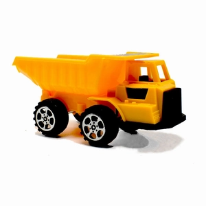 Close-up of a yellow toy dump truck with black tires and silver hubs for kids