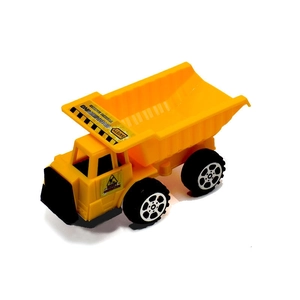 Detail view of the tilting bucket on a yellow plastic toy dump truck for kids