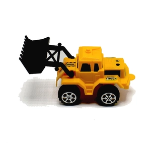 Close-up of bright yellow toy excavator with a movable black bucket and white wheels