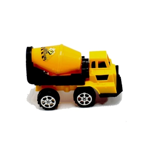 Detail view of yellow plastic toy cement mixer with rotating drum and construction decals