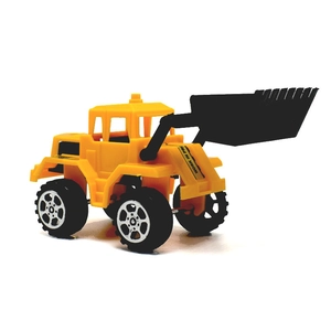 Close-up of yellow plastic toy bulldozer with movable black bucket and work stickers