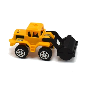 Detail view of a yellow construction steam roller toy with black drum and plastic cabin
