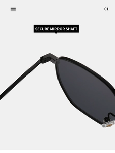 Detailed macro view of the secure metal mirror shaft on these black square sunglasses