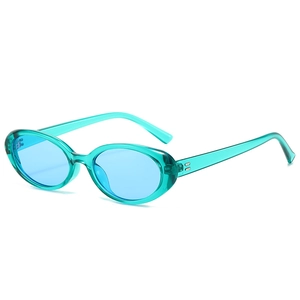 Retro oval sunglasses with translucent green frames and light blue tinted lenses