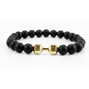 Lava stone fitness bracelet featuring a golden dumbbell bead with Lift and Fit engraving