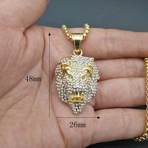 Gold iced out lion head pendant necklace in stainless steel, 48mm height dimension