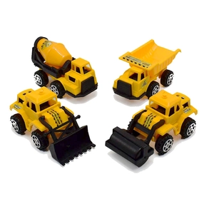 Set of four yellow construction toy trucks including bulldozer and cement mixer