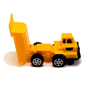 Detail showing the adjustable yellow dump truck toy bed with sturdy plastic wheels