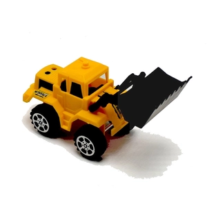 Top view of a yellow toy loader truck with a movable black bucket and off-road tires