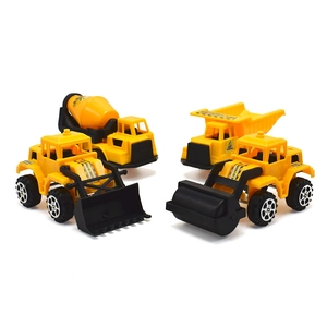 Set of 4 yellow construction toy trucks including bulldozer and cement mixer for kids