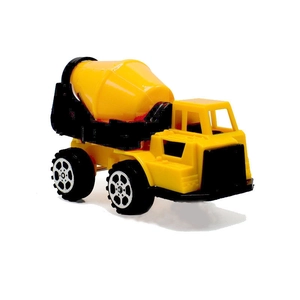 Detail of yellow toy cement mixer truck for kids with rotating drum and black wheels