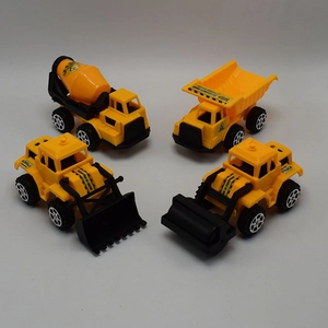 Detailed top view of four plastic construction toy vehicles for boys including bulldozer