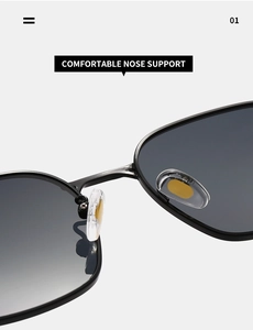 Macro detail of adjustable nose pads and metal bridge on black square sunglasses