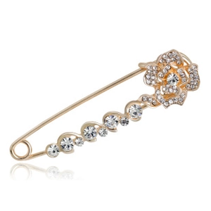 Detail showing crystal-encrusted rose brooch with gold finish and pin fastener for scarves