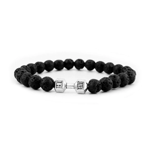 Macro detail of black lava stone beads with a silver dumbbell bead engraved with LIFT and LIVE