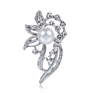 Elegant Flower Brooch Pin Alloy Faux Artificial Pearl Rhinestone Inlay Vintage Ribbon Design For Women Jewelry Accessory