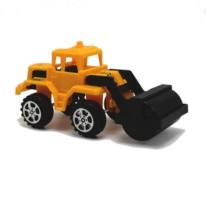 Detail of yellow toy steam roller with black rotating drum and open cockpit for boys