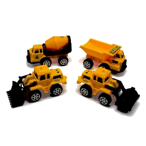 Detailed set of four yellow construction toy trucks including bulldozer and mixer