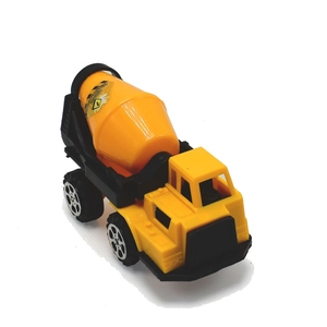 Detailed macro view of yellow toy cement mixer truck with rotating drum and sturdy black tires