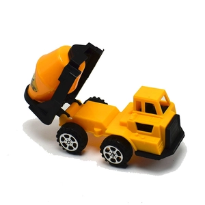 Detailed close-up of a yellow toy cement mixer truck for kids with rotating drum parts