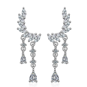 Elegant silver long drop earrings with sparkling marquise and pear cut zircons