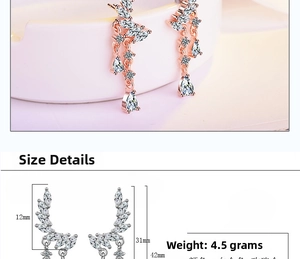 Detailed size chart for long floral earrings in rose gold with 42mm total height