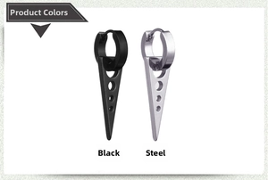 Detail view of punk style stainless steel cone earrings with cutout holes in black and silver