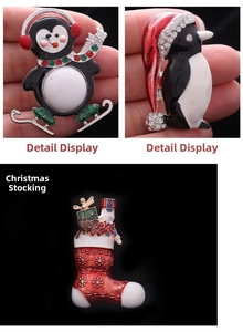 Detail view of colorful Christmas penguin and gift stocking brooches with enamel finish
