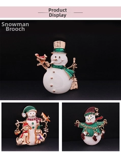 Detailed view of three festive enamel snowman brooches with colorful holiday motifs