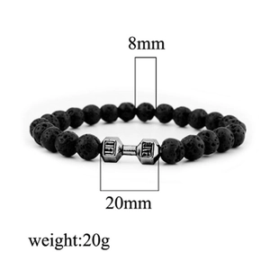 Lava stone bead bracelet with silver dumbbell charm and 8mm black volcanic stones