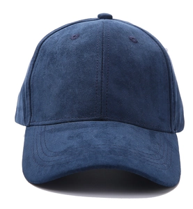 Detailed view of the dark blue faux suede baseball cap showing its soft velvety texture
