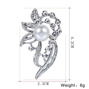 Elegant pearl brooch with rhinestone silver leaf design, size 4.2cm by 2.3cm
