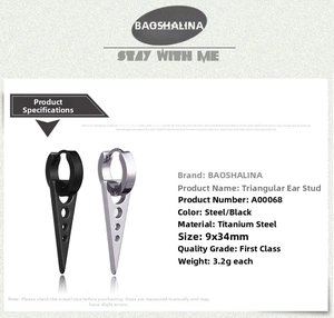Detail specifications for steel and black titanium triangle earrings, size 9x34mm